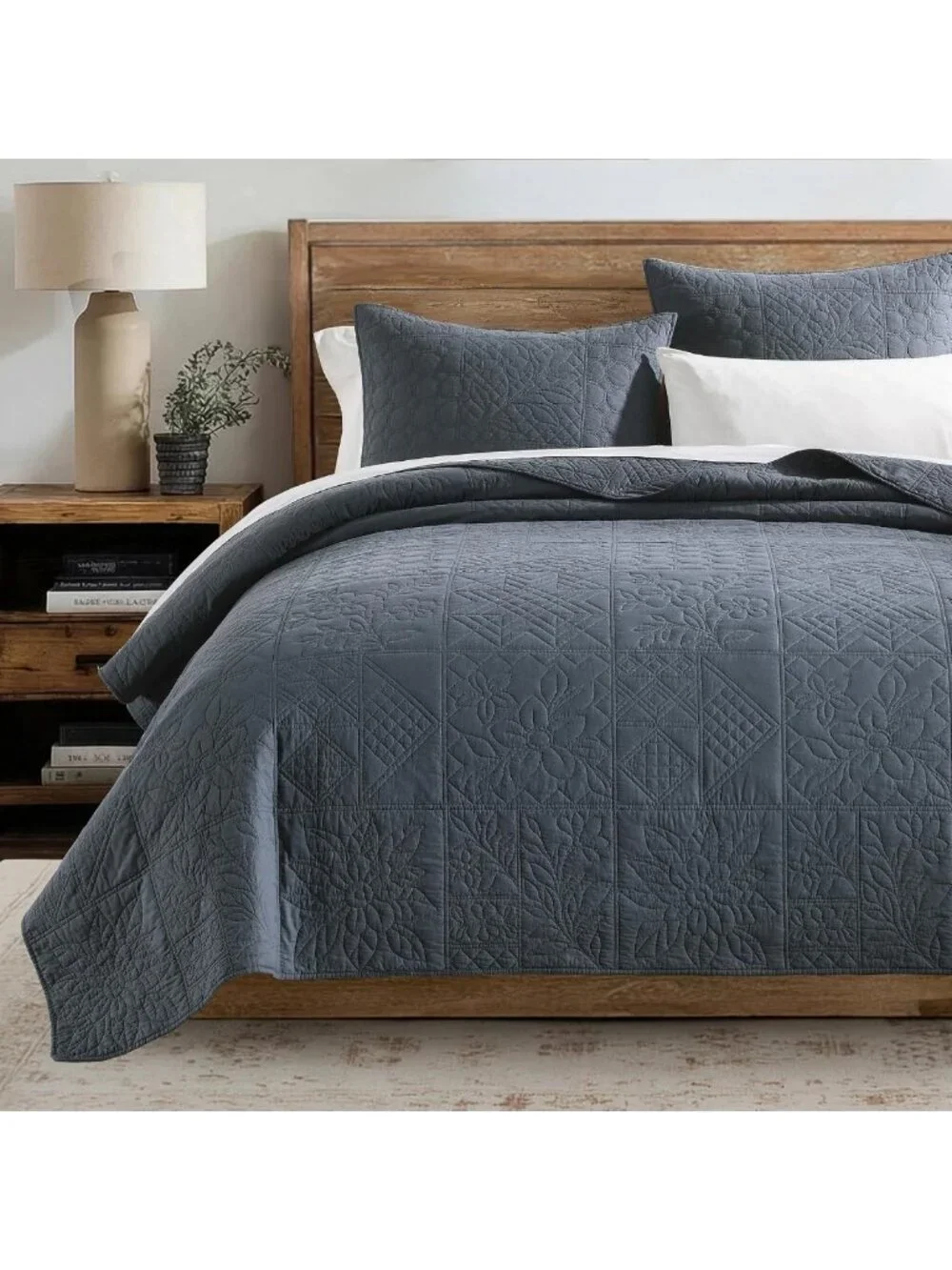 100% Cotton King Quilt Set - Steel Blue Patchwork Farmhouse Bedding, Soft